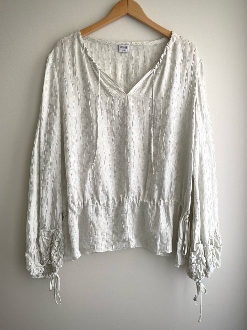 Armani Collezioni Vintage Textured V-Neck Long Sleeve Blouse